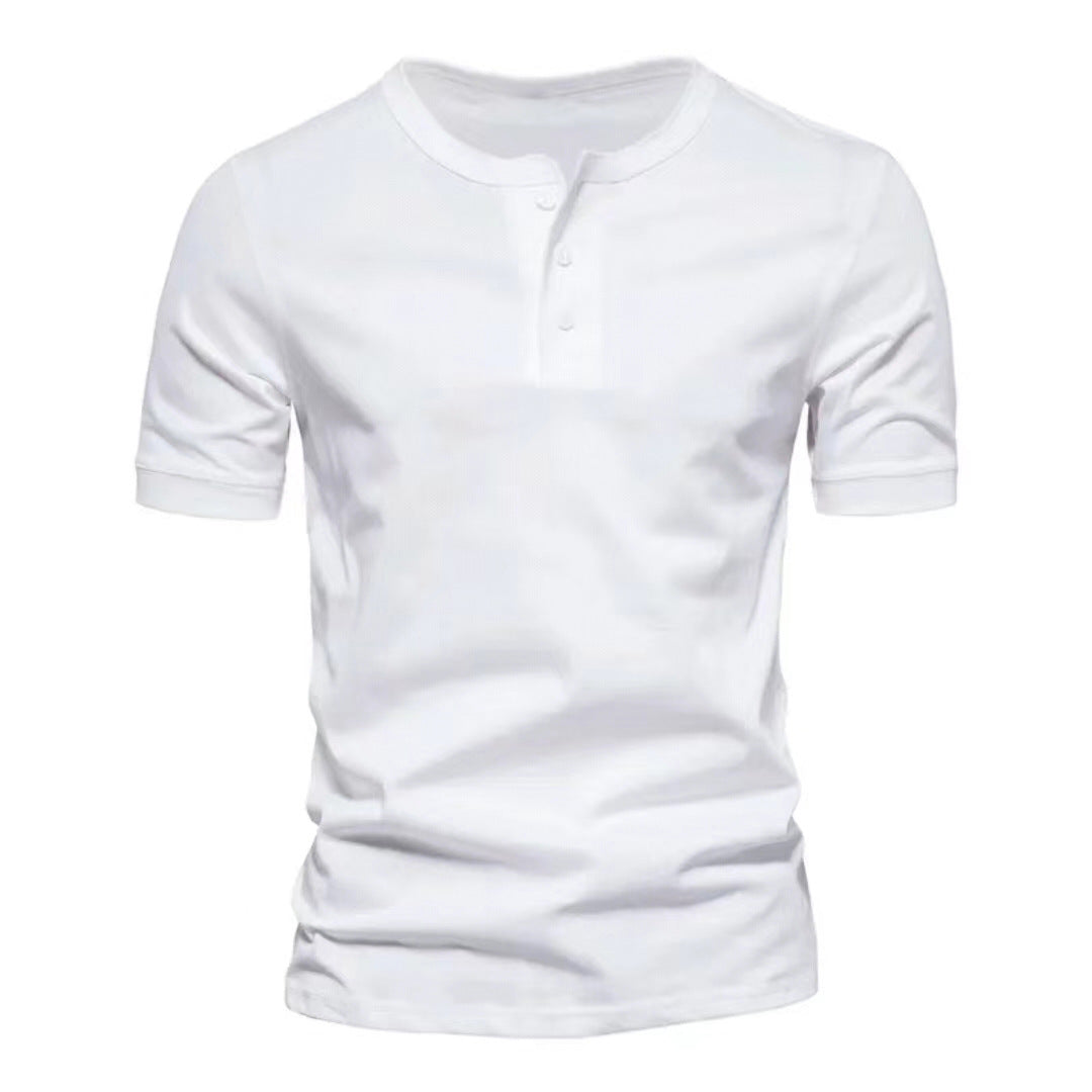 White men's short sleeve Henley shirt, button placket detail, a summer wardrobe essential.