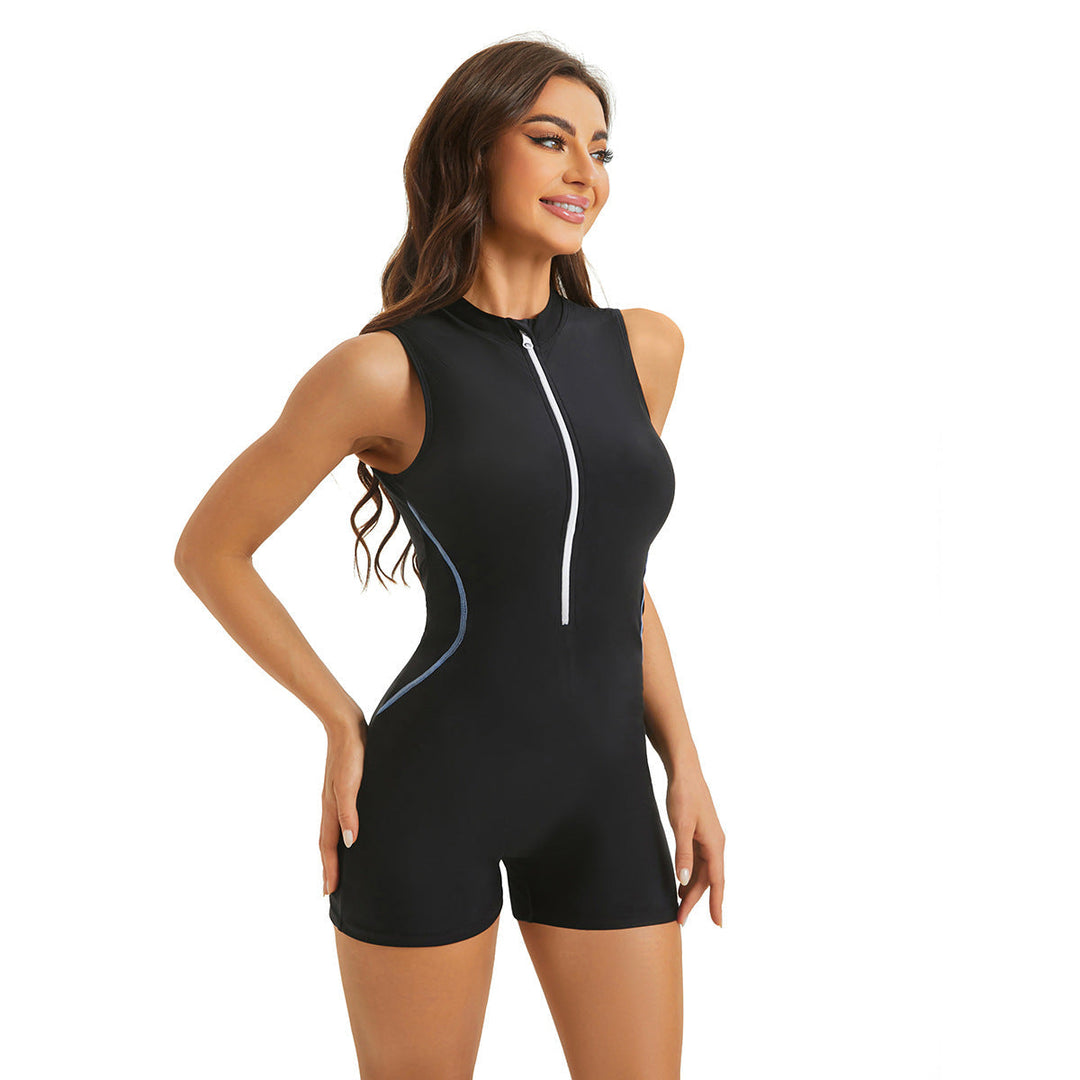 Sporty women's one-piece swimsuit with a stylish half zipper. Offers a figure-flattering fit for active beachwear.