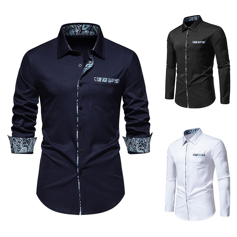 Men's long sleeve shirt with elegant paisley collar and cuffs, a stylish top for versatile fashion.