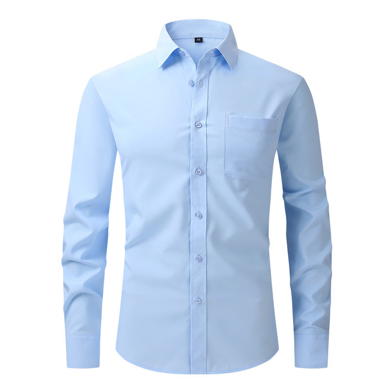 Neatly folded men's long sleeve dress shirt, ready for professional business travel.