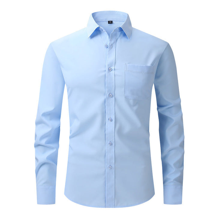 Neatly folded men's long sleeve dress shirt, ready for professional business travel.