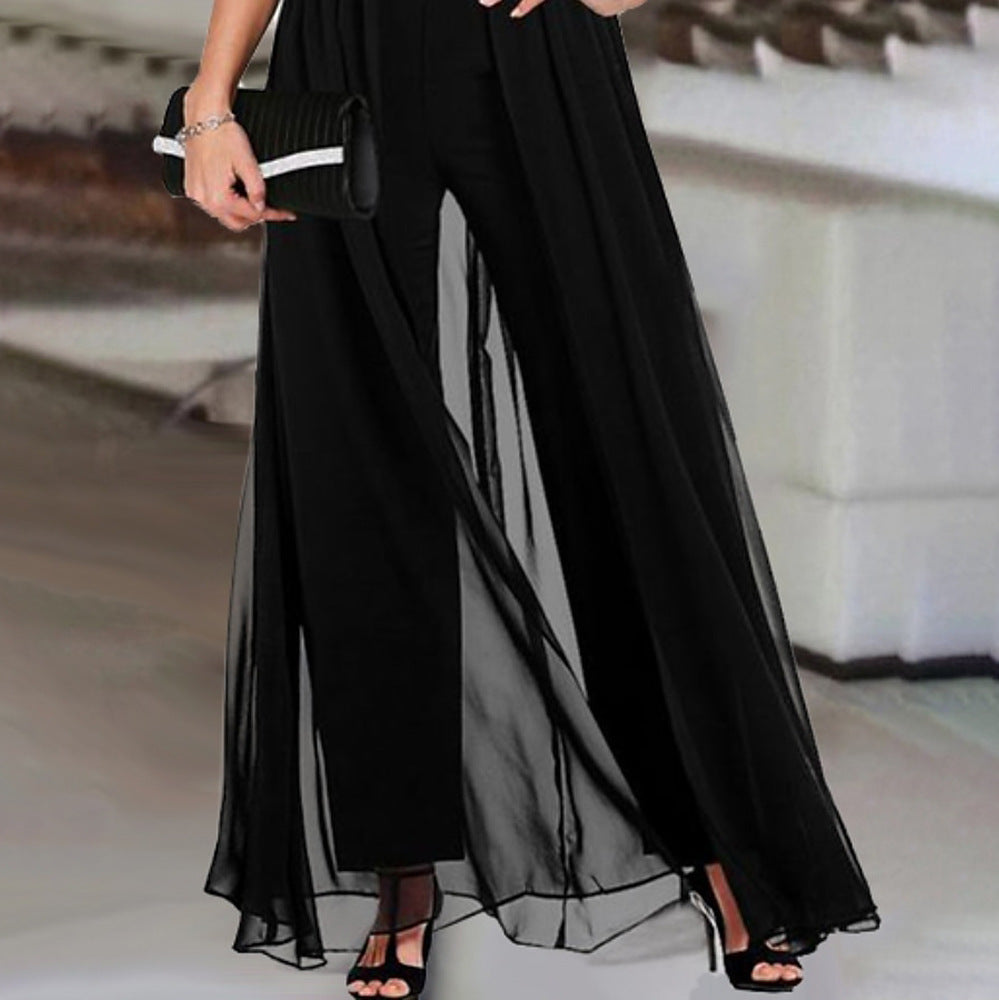 Stunning black sequin off-shoulder wide-leg jumpsuit for women, a stylish choice for formal events.