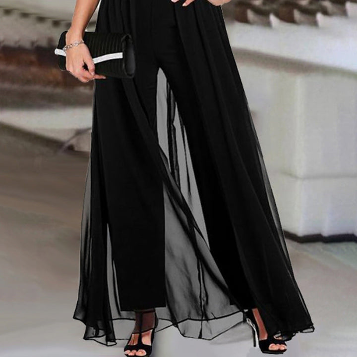 Stunning black sequin off-shoulder wide-leg jumpsuit for women, a stylish choice for formal events.