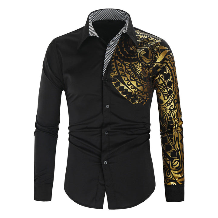 Stylish men's long sleeve shirt, featuring an exotic print and a sharp contrast collar for a statement look.