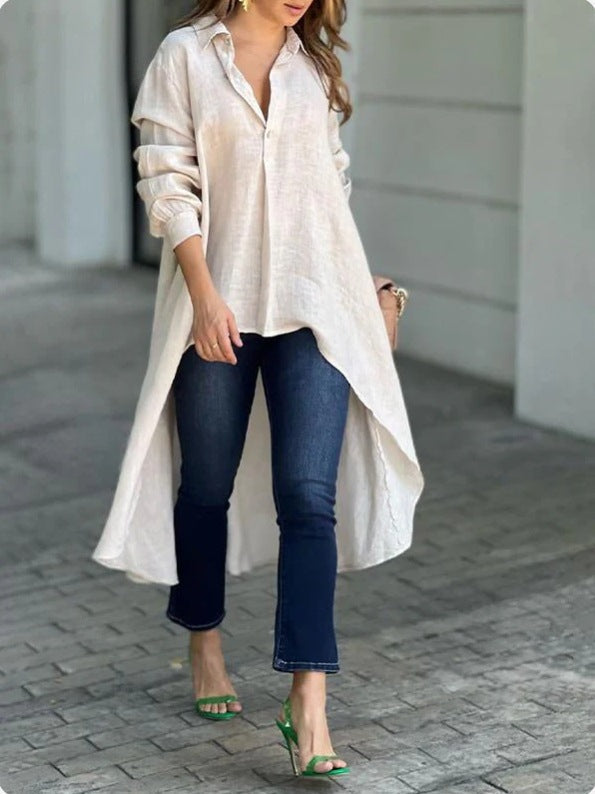 Relaxed fit women's summer long blouse with flowing silhouette, versatile everyday top.