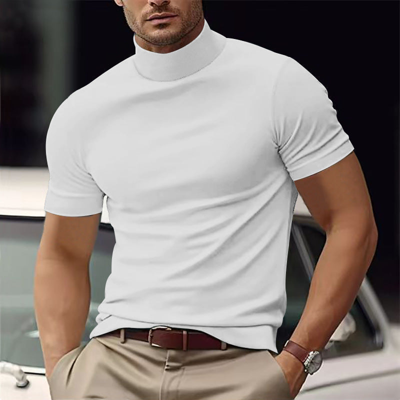 Slim fit men's short sleeve turtleneck tee, versatile for everyday fashion & spring looks.