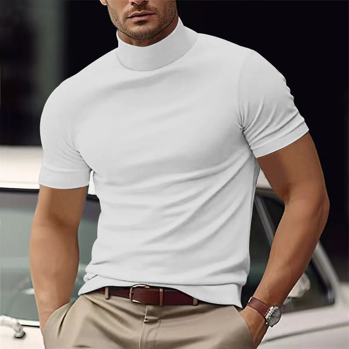 Slim fit men's short sleeve turtleneck tee, versatile for everyday fashion & spring looks.