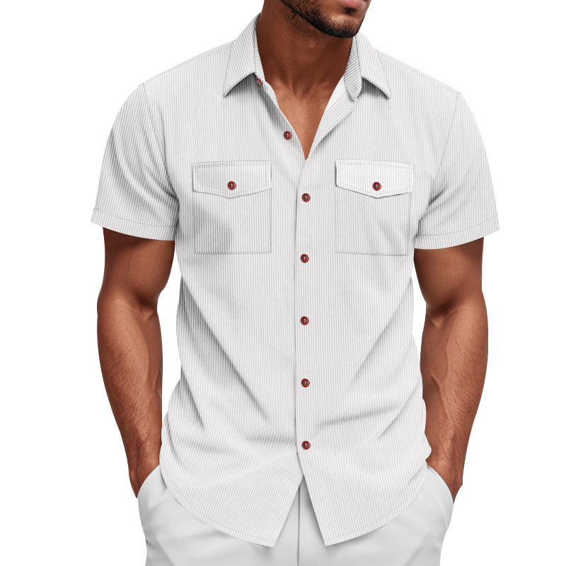 Lightweight men's striped short sleeve shirt with dual chest pockets, offering a cool and comfortable summer look.