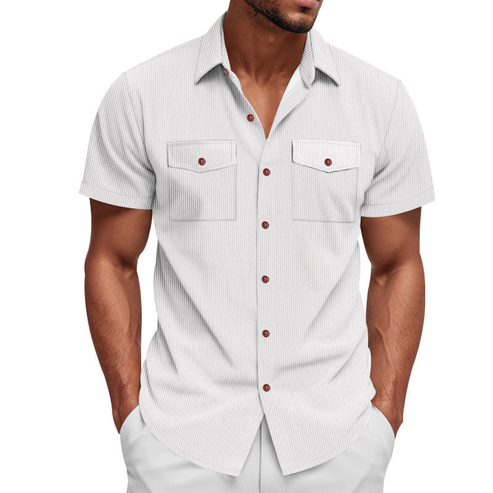 Lightweight men's striped short sleeve shirt with dual chest pockets, offering a cool and comfortable summer look.