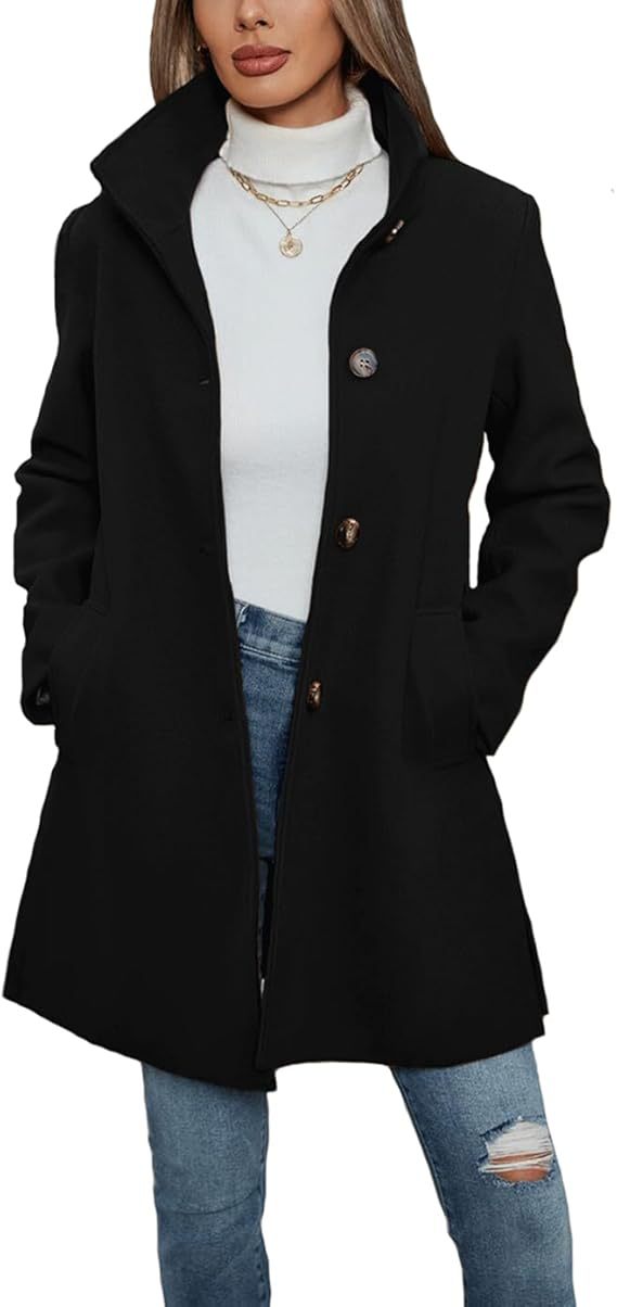 Modern women's long coat, high collar, practical pockets, adding a chic touch to autumn/winter outfits.
