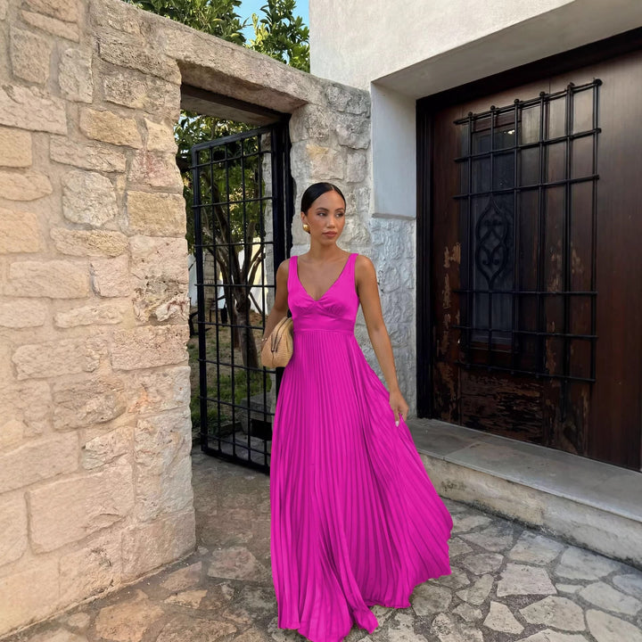Chic women's sleeveless A-line V-neck dress, featuring stylish pleats and an elegant silhouette.