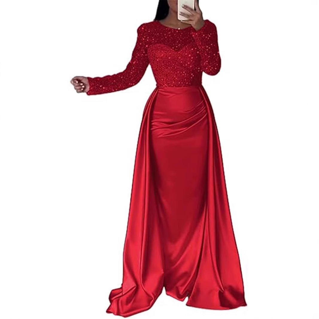 Sophisticated women's glitter long-sleeve evening gown. Perfect formal party dress for special occasions.