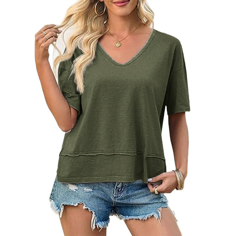 Effortless everyday style with this comfortable women's V-neck t-shirt, featuring a relaxed loose fit.