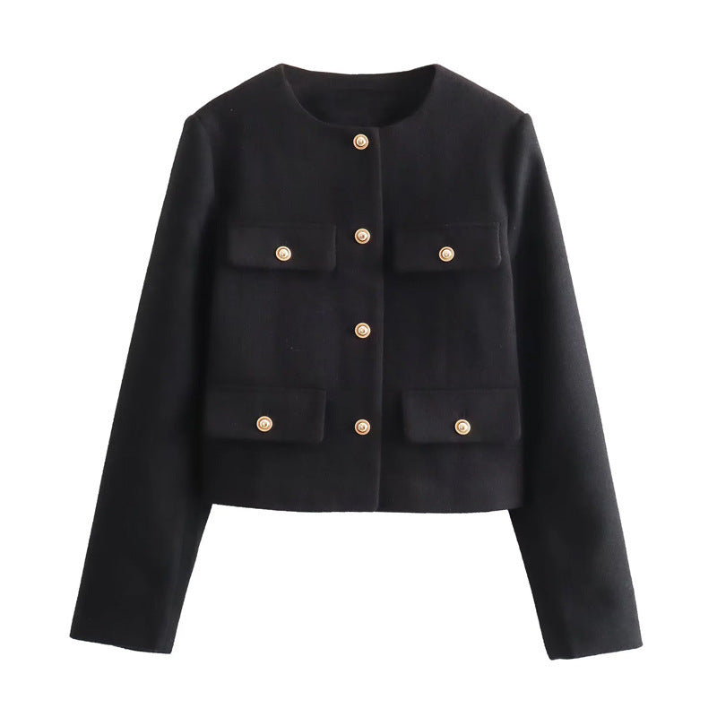Chic women's cropped blazer with gold buttons, tailored fit, perfect for smart casual & workwear.