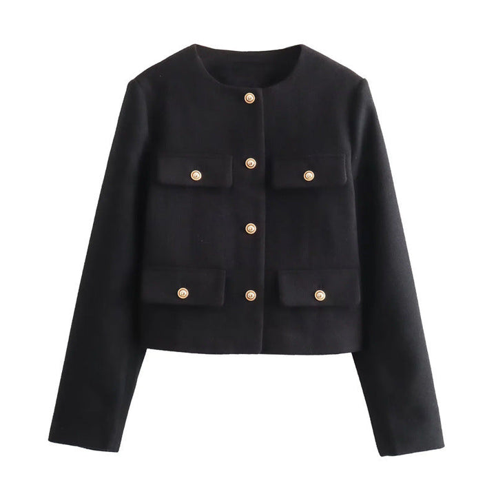 Chic women's cropped blazer with gold buttons, tailored fit, perfect for smart casual & workwear.