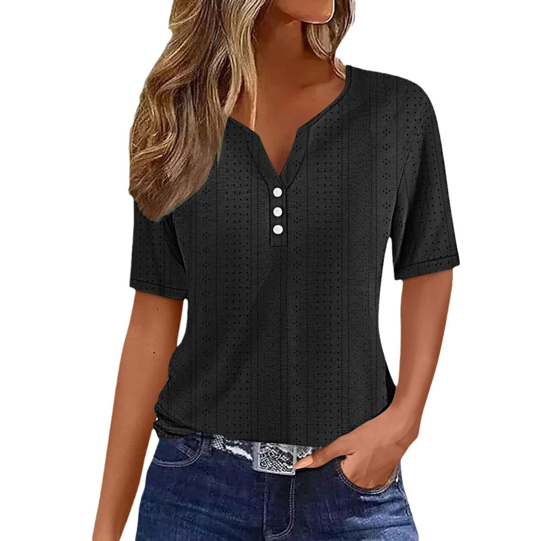 Women's V-neck mesh short sleeve blouse with elegant button front, a perfect summer wardrobe essential.