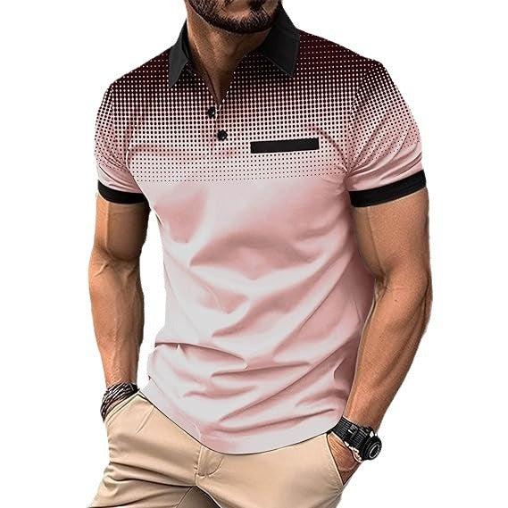Comfortable men's gradient polo, short sleeve, featuring a vibrant color fade for modern style.