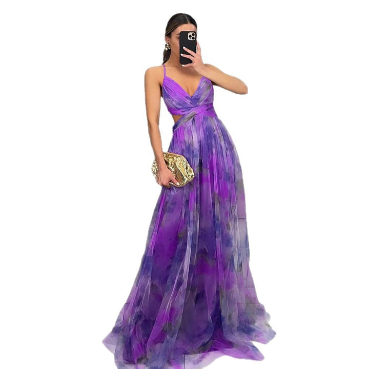 Stunning women's floral party dress, spaghetti strap V-neck maxi, perfect for elegant evening wear.