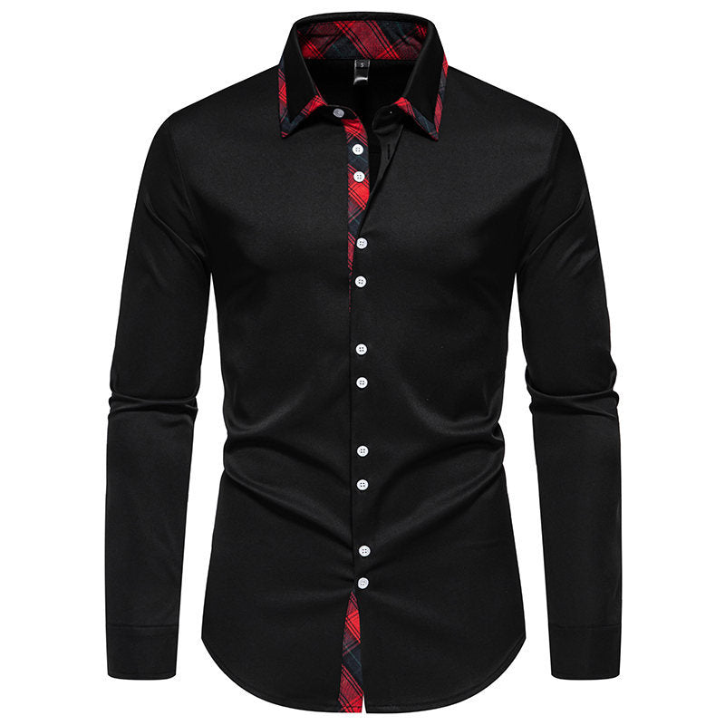 Fashionable men's long-sleeve shirt, a sleek button-up with a distinctive checkered collar. Great for stylish men.
