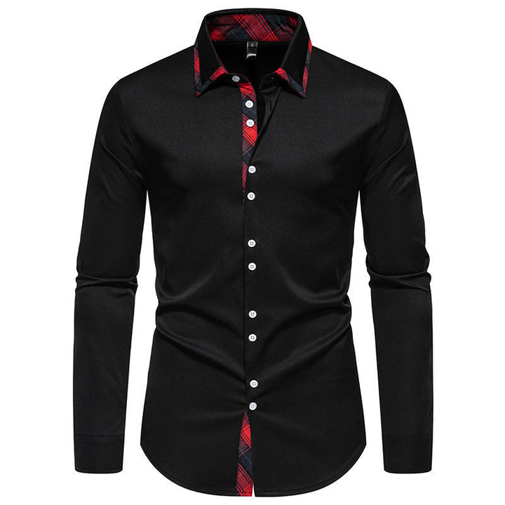 Fashionable men's long-sleeve shirt, a sleek button-up with a distinctive checkered collar. Great for stylish men.