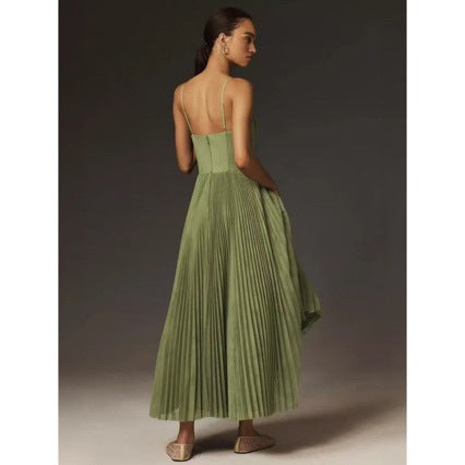 Formal women's dress with a chic bustier top & beautifully pleated flowing maxi skirt, ideal for elegant party wear.