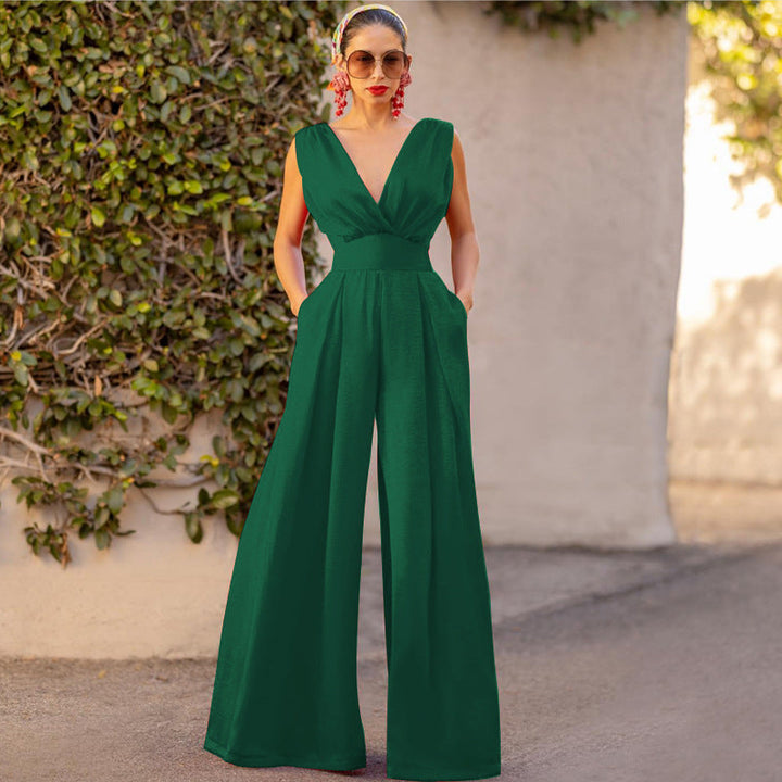 Women's elegant V-neck wide-leg jumpsuit, ideal for party wear or a chic casual look.