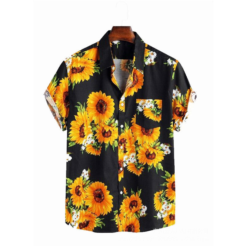 Bright men's patterned short sleeve shirt featuring bold sunflowers, a must-have for summer fashion.
