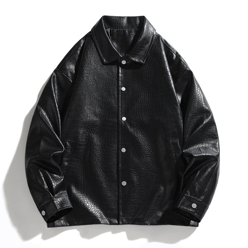 Comfortable men's black jacket with eye-catching croc design, ideal for stylish everyday wear.