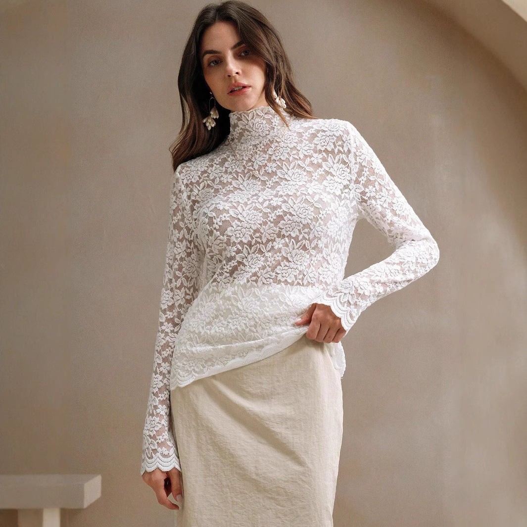 Chic women's sheer lace long-sleeve bodysuit with mock neck, perfect for evening wear or layered fashion.