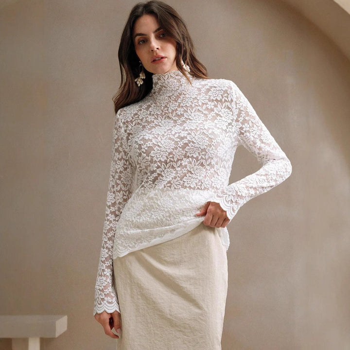 Chic women's sheer lace long-sleeve bodysuit with mock neck, perfect for evening wear or layered fashion.