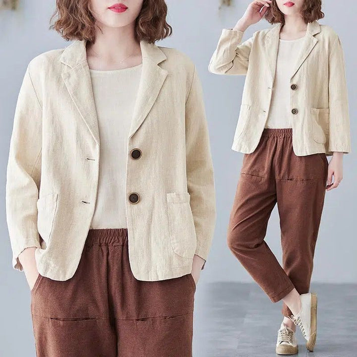 Women's elegant casual blazer with stylish contrast buttons, perfect for chic spring fashion and everyday wear.