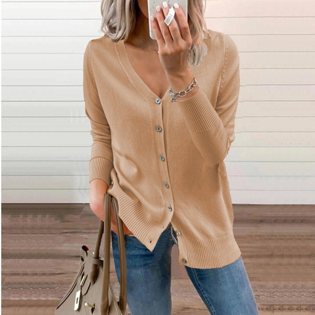 Versatile long-sleeve V-neck button cardigan, easily styled for casual or elegant outfits.