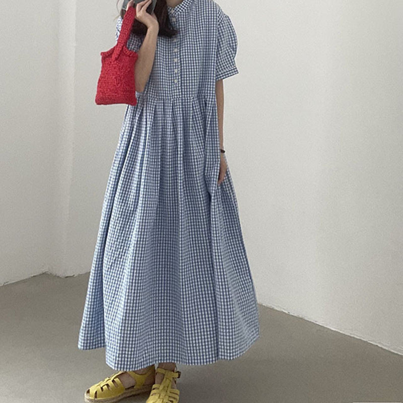 Flattering A-line checkered dress for women, a versatile and comfortable short sleeve option for day.