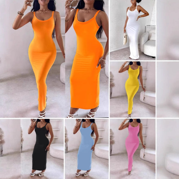Elegant women's slim strap maxi dress, figure-hugging silhouette, perfect for parties or evenings.