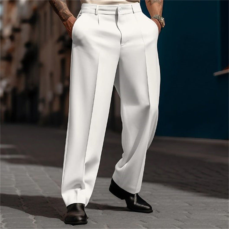 Elegant men's high-waisted wide-leg dress pants, a key piece for smart casual ensembles.
