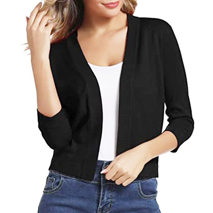 Women's casual open-front cardigan with 3/4 sleeves, a versatile layering piece.
