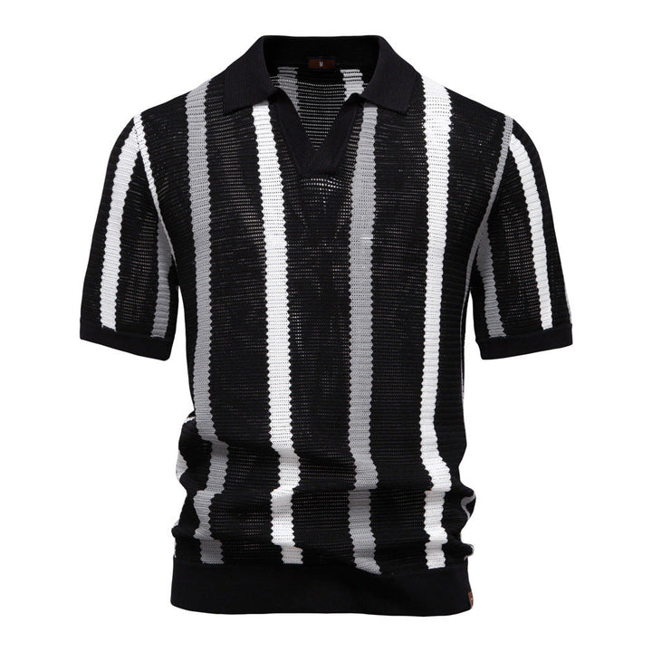 Close-up of a men's open collar knit polo shirt, showcasing vertical stripe pattern & soft fabric texture.