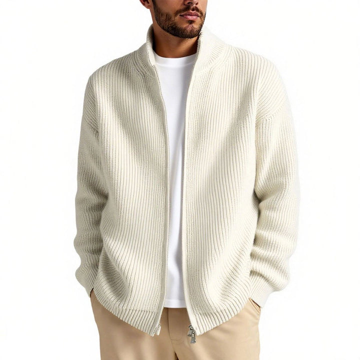 Men's zipper jacket style cardigan with a high collar, offering a blend of comfort and modern fashion.