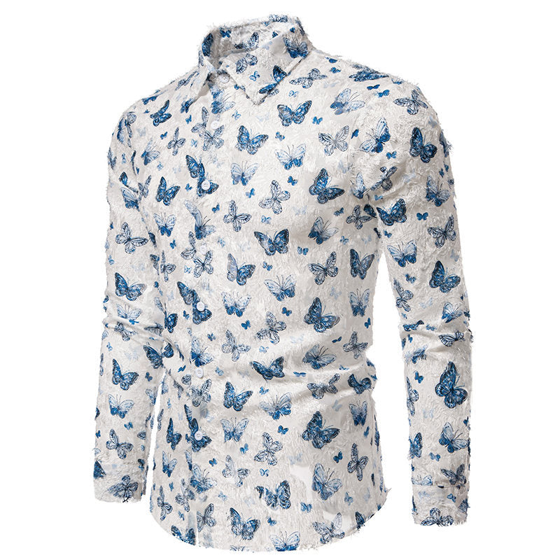Unique men's long sleeve shirt with an intricate butterfly pattern, a stylish printed top for any man.