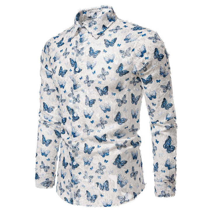 Unique men's long sleeve shirt with an intricate butterfly pattern, a stylish printed top for any man.