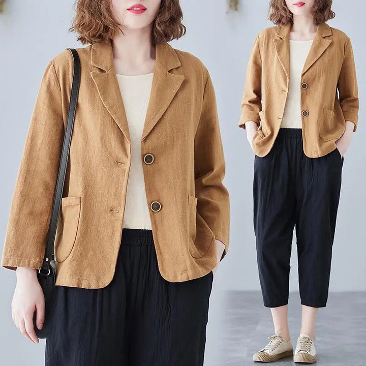 Chic women's fashion jacket, an elegant casual blazer featuring stylish contrast buttons for a modern look.