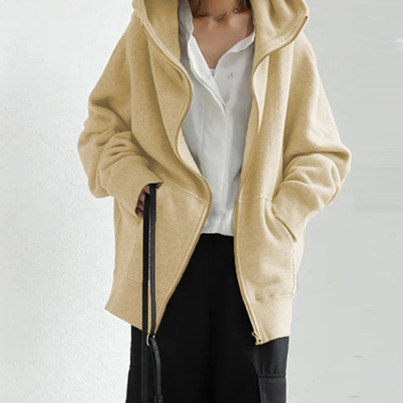 Versatile women's loose fit zipper jacket, offering stylish and comfortable outerwear for everyday fashion.