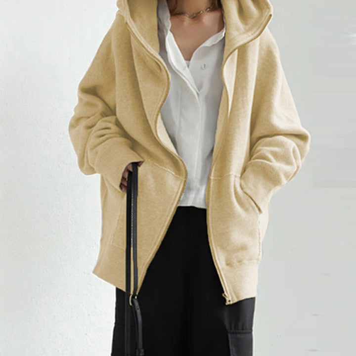 Versatile women's loose fit zipper jacket, offering stylish and comfortable outerwear for everyday fashion.