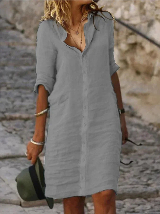 Versatile women's button-down midi shirt dress, transitions from chic workwear to casual spring & summer day wear.