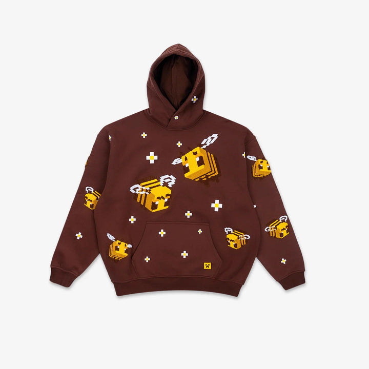 Light brown women's hoodie with a unique creative bee graphic design, perfect for chic & cozy casual wear.