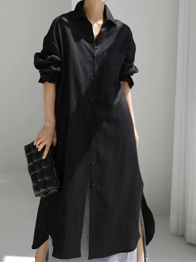 Breathable women's summer shirt dress, a lightweight button-down midi with side slits for effortless casual elegance.