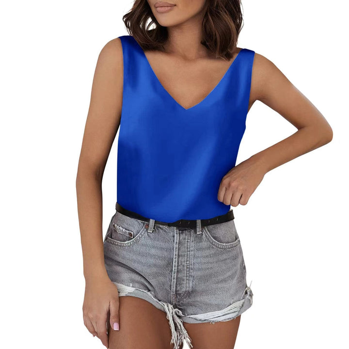 Breathable women's sleeveless V-neck top, perfect for warm weather casual elegance.