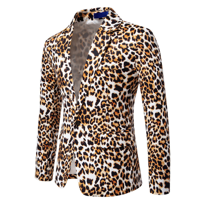 Modern men's leopard print blazer, a fashionable and elegant suit jacket for a unique, bold party look.