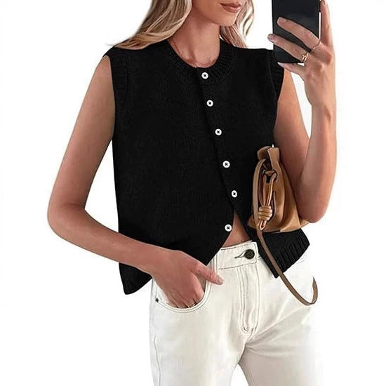 Relaxed fit women's knitted vest, perfect for casual everyday wear. Features a round neck and stylish button placket.