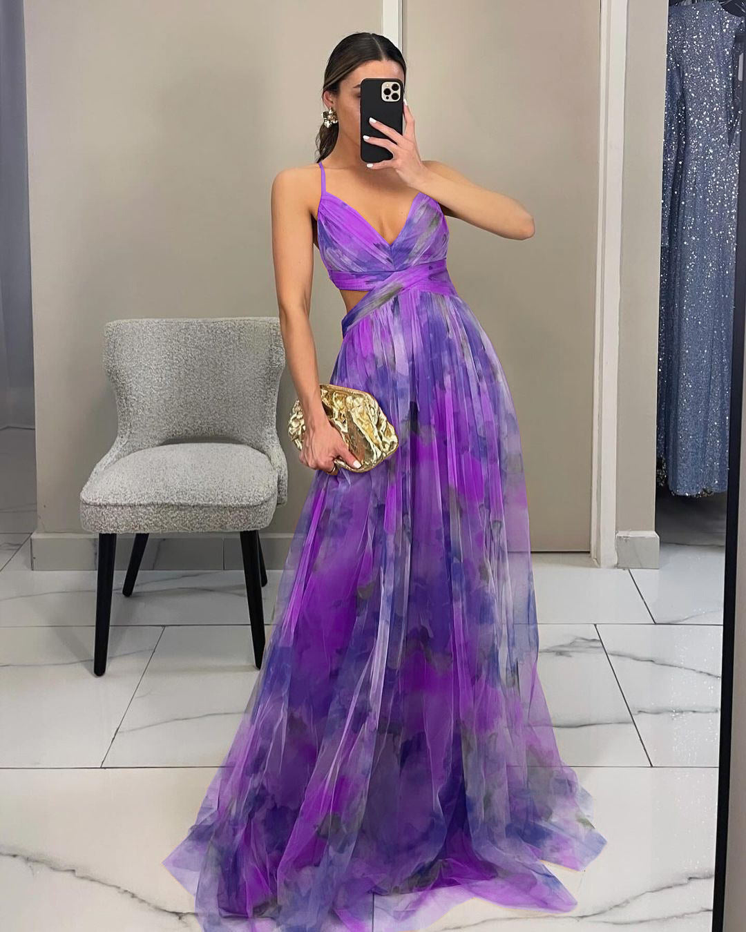 Elegant women's floral maxi evening dress, spaghetti strap V-neck for parties, prom & wedding guests.